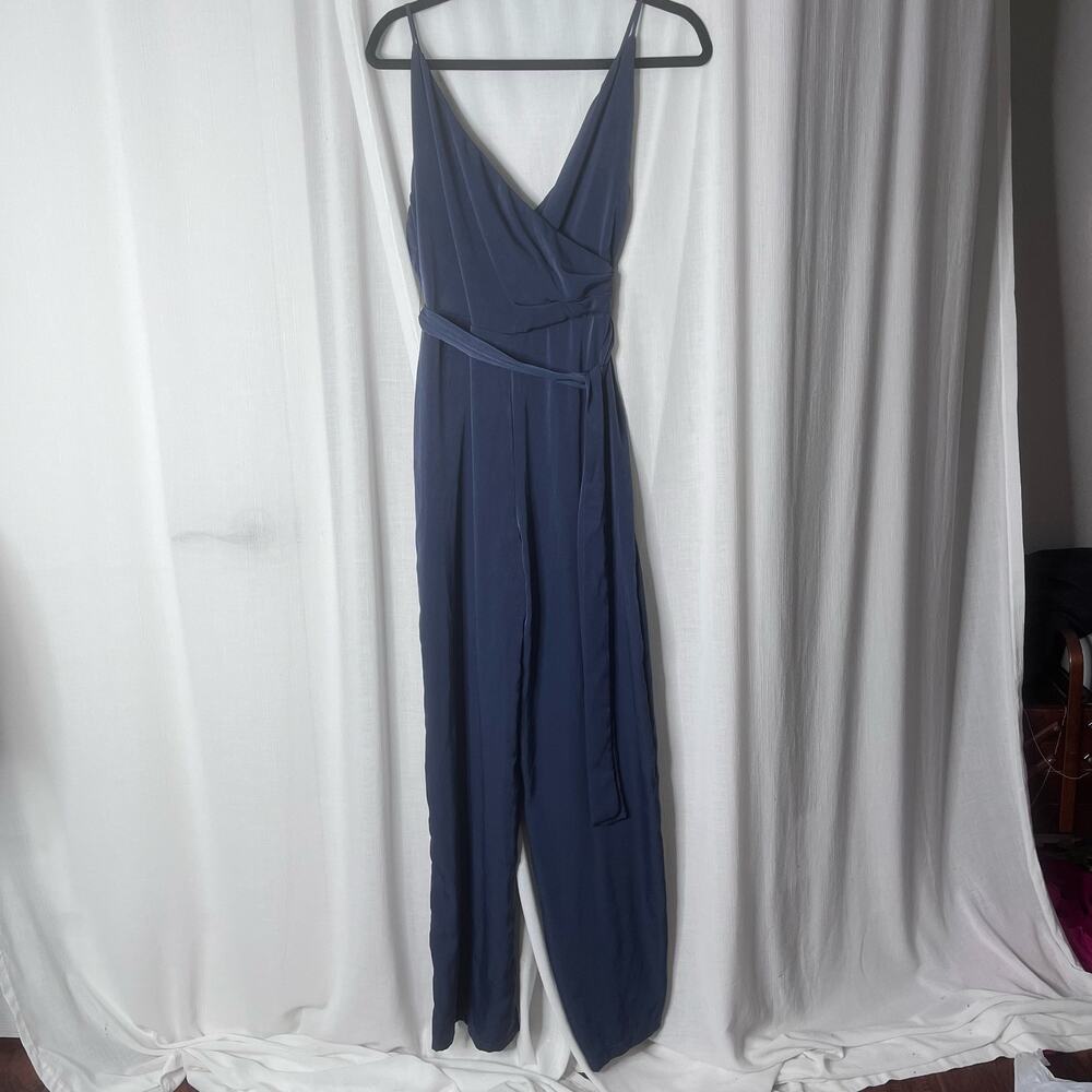 Lulu's Navy Blue Satin Surplice Jumpsuit Small NWT